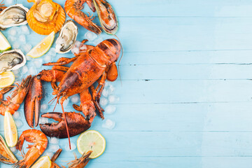 Sticker - Seafood dinner, seafood dinner with fresh lobster, crab, mussel and oyster as background