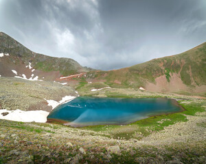 Poster - alpine lake Shobaidak in the Mukhinsky gorge of the Teberda nature reserve