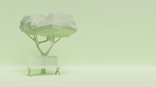 Bench and tree on a pastel green background - monochrome 3D rendering with space for text