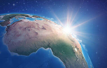 Canvas Print - sunrise through clouds, upon a high detailed satellite view of planet earth, focused on africa. 3d i