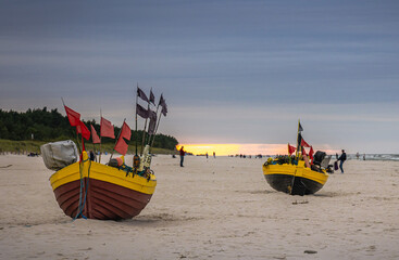 Sticker - Fish boats on a sandy beach on a Baltic Sea coast in Debki village, Pomorskie region of Poland