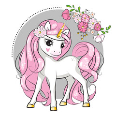 Wall Mural - Beautiful illustration of cute little smiling unicorn  with a wreath of flowers on his head .Hand drawn illustration for your design.