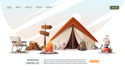 Wall Mural - campsite with tent, campfire, backpack, gas-burner, tourist chair, signpost. camping, traveling, tri