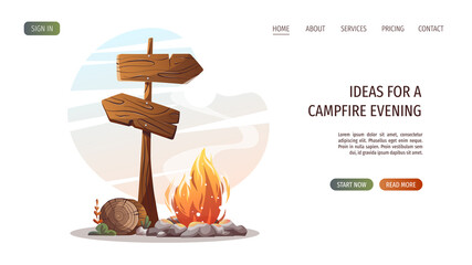 Campsite with campfire, log and guidepost. Camping, traveling, trip, hiking, camper, nature, journey concept. Vector illustration for poster, banner, website.