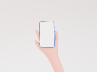 Fototapete - close up cartoon style hand holding a smartphone with touch screen blank or white for digital design