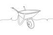 Continuous one line of wheelbarrow in silhouette on a white background. Linear stylized.Minimalist.