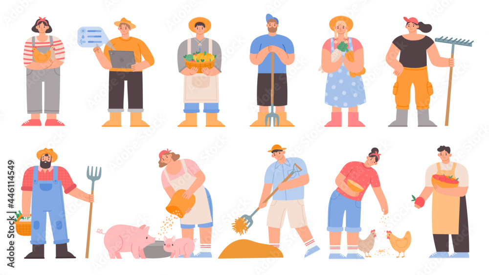 Cartoon farmers. Agricultural workers hold vegetables and farming tools, feed pig and chickens, dry hay. Garden or farm character vector set - obrazy, fototapety, plakaty 
