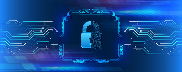 Poster - Abstract blue background with various technology elements. Futuristic padlock vector illustration. Cyber attack protection. Protection from virus attack. Global antivirus secure system.