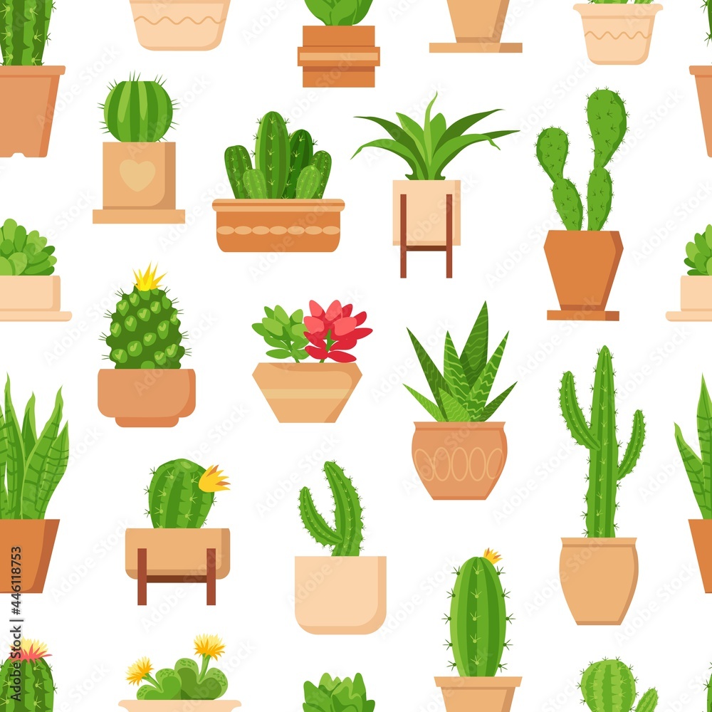 Cactus seamless pattern. Tropical plant, succulent and cute cacti with flower in pot. Trendy floral home plants decor vector wallpaper print - obrazy, fototapety, plakaty 