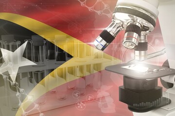 Wall Mural - Timor science development digital background - microscope on flag. Research of pharmaceutical industry design concept, 3D illustration of object