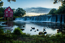 Starr's Mill Historic Waterfall And Mill House At Dawn With Wide Angle View Of Georgia Historic Site
