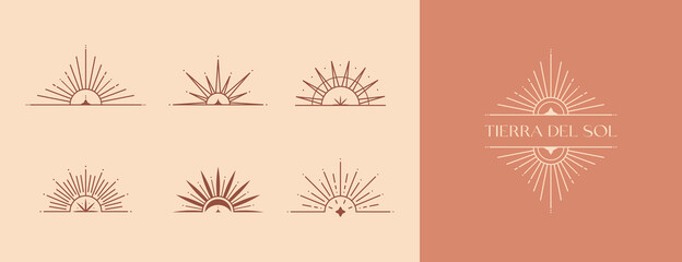 Wall Mural - bundle of vector bohemian logo templates with sun,moon and sunburst.boho linear icons or symbols in 