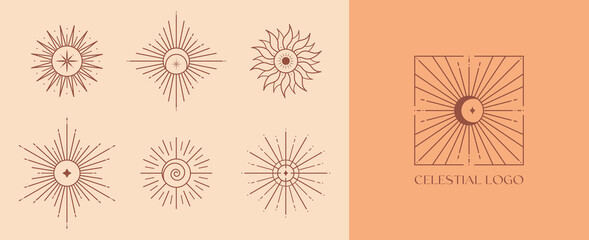bundle of vector bohemian logo design templates with sun,moon and sunburst. boho linear icons or sym