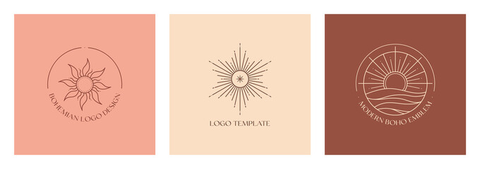 Wall Mural - set of vector linear boho emblems.bohemian logo designs with sea,sun and sunburst.modern celestial i