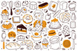 © Anastasia - Set of doodle hand-drawn bread and bakery. Vector illustration. Croissant, baguette, bun, cake, cookie, biscuit, strudel, cupcake, muffin, donut.