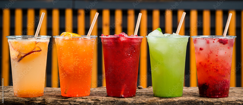 colourful Lemonade in transparent cup, five summer lemonades - obrazy, fototapety, plakaty 