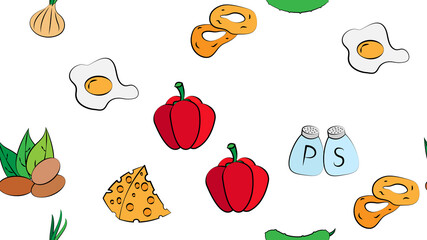 Endless white seamless pattern of delicious food and snack items icons set for restaurant bar cafe: eggs, nuts, pepper and salt, onion, cheese, cucumber, onion rings, pepper. The background