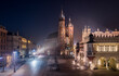 Main Square in Krakow at night, view on Saint Mary's Basilica, Poland