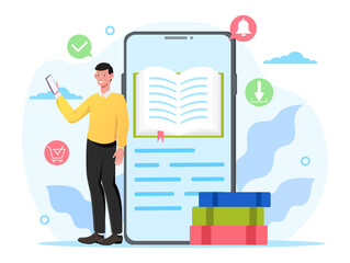 Poster - e-book store concept. a man buys an electronic version of the book and downloads it to his phone. mo