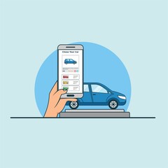 Illustration for buy online car with smartphone concept. Design vector with flat style