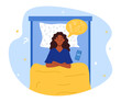 Insomnia concept. Woman can not fall asleep because of mental problems. The character lies on the bed and thinks about plans, quarrels and relationships. Flat vector illustration on a white background