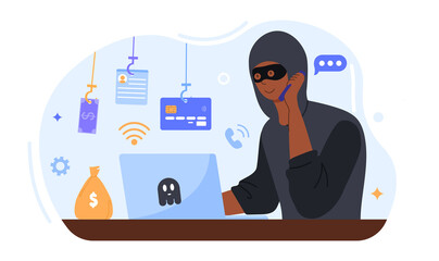 Poster - online crime concept. a masked fraudster calls his victim on the phone and asks for banking informat