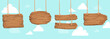 Wood board on rope vector. Decorative signs on the sky background.Illustration of wooden banners.
