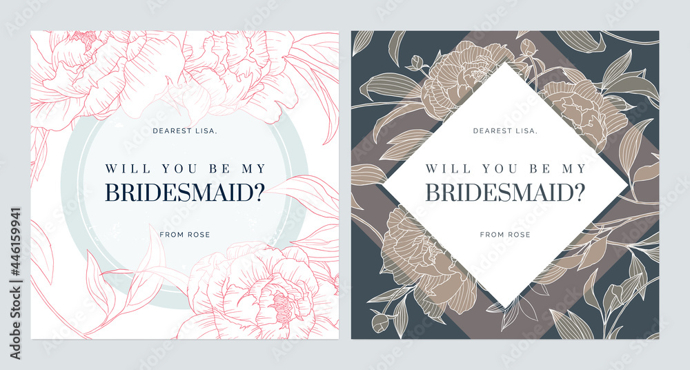 Floral bridesmaid invitation card template design, peony flower illustration, bright and dark theme - obrazy, fototapety, plakaty 