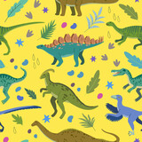 Fototapeta Dinusie - Seamless pattern with cartoon doodle dinosaurs and nature elements, rocks, leaves and stars. Adorable children design.