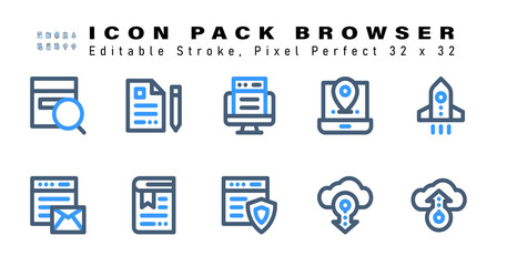 Icon Set of Browser Two Color Icons. Contains such Icons as Boost, Browser, Bookmark, Secure Web etc. Editable Stroke. 32 x 32 Pixel Perfect
