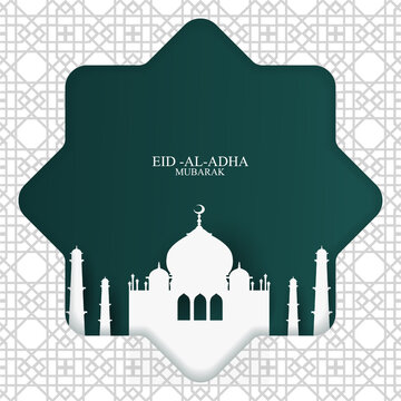 Eid greeting card with cute sheep, moon, lanterns and stars. Vector