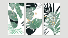 Tropical Botanical Triptych Wall Art Vector. Abstract Art Background With Palm Leaves , Monstera Leaf, Golden Line Drawing  And Watercolor Hand Painting Design For Wall Decor, Poster And Wallpaper.