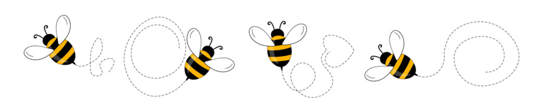 set of cartoon bee mascot. a small bees flying on a dotted route. wasp collection. vector characters