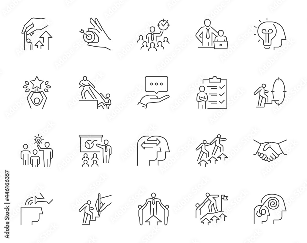 Set of mentoring related line icons. Contains such icons as personal development, experience exchange, support, etc. Editable stroke.  - obrazy, fototapety, plakaty 
