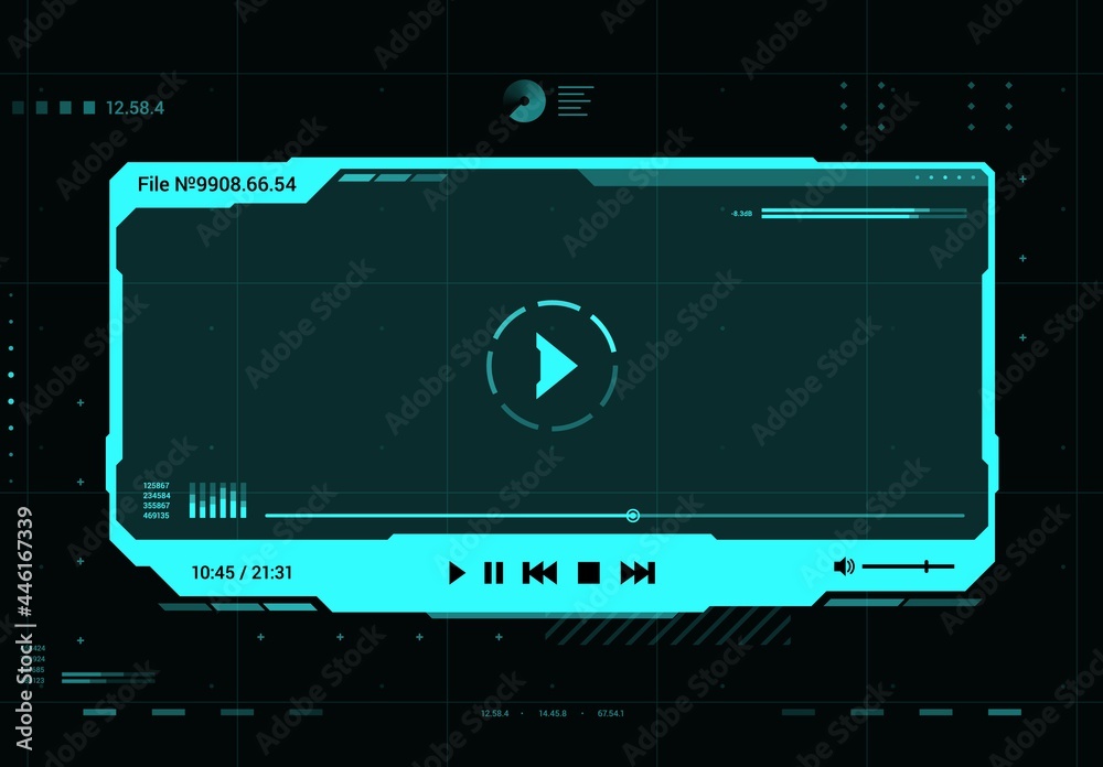 HUD video and sound player futuristic screen interface. Future multimedia system, Ui design element or virtual reality hologram window with media player vector neon blue frame, buttons and data info - obrazy, fototapety, plakaty 