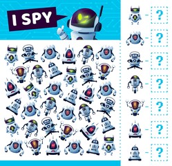 Poster - I spy game with robots and droids or bots, vector cartoon find and match board game. Kids tabletop puzzle or guess game riddle, I spy or find similar futuristic robots and android bots