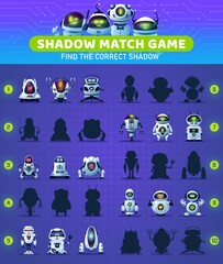 Wall Mural - Shadow match kids game with cartoon robots and circuit board. Memory puzzle, educational riddle or maze, children worksheet vector template with modern artificial intelligence android bots