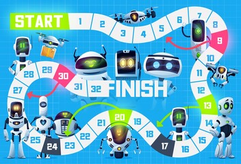 Poster - Kids board game with robots, droids and drones, vector tabletop puzzle background. Kids cartoon track and move boardgame for dice with android robots, chatbots and quadcopter drones