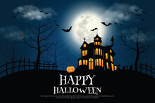 Castle, Haunted House And Ghost Hands, Tomb On Full Moon Night. Illustrator Vector Eps 10.