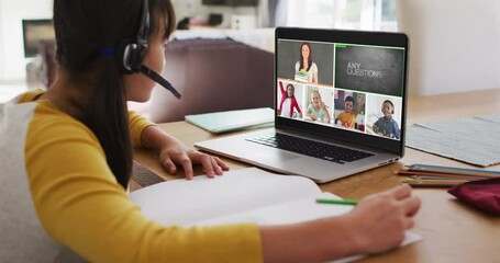 Wall Mural - Schoolgirl using laptop for online lesson at home, with diverse teacher and class on screen