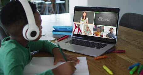 Wall Mural - Schoolboy using laptop for online lesson at home, with diverse teacher and class on screen