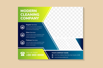 Poster - Abstract geometric flyer template design for cleaning company. diagonal space of photo collage. Advertising design with horizontal layout. blue gradient background with green colors on element. 