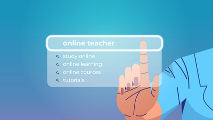 Poster - human hand choosing online teacher in search bar on virtual screen internet networking concept