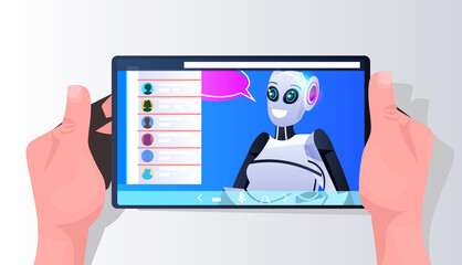 Poster - robot cyborg with chat bubble on smartphone screen online communication artificial intelligence technology