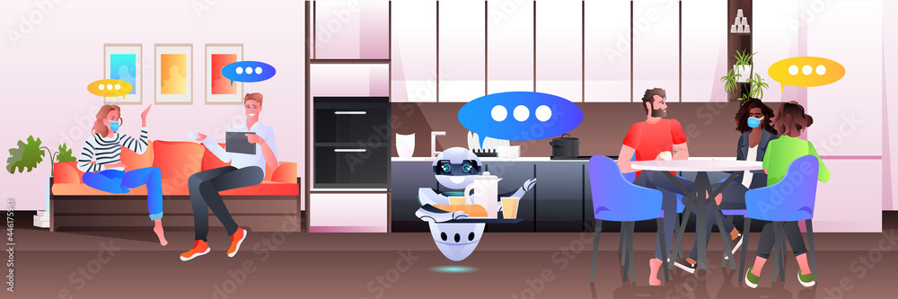 modern robot waiter serving food to businesspeople in office artificial intelligence technology concept - obrazy, fototapety, plakaty 