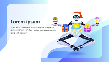 Poster - modern robot holding wrapped gift boxes birthday or holiday celebration artificial intelligence concept