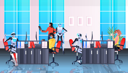 Poster - businesspeople in masks and robots working together in creative open space artificial intelligence teamwork concept