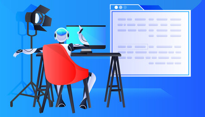 Poster - robot chatbot assistant sitting at workplace and working on computer online communication artificial intelligence
