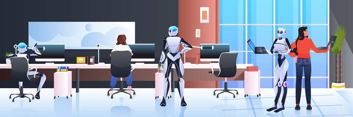 Poster - businesspeople and robots working together in creative open space artificial intelligence teamwork concept
