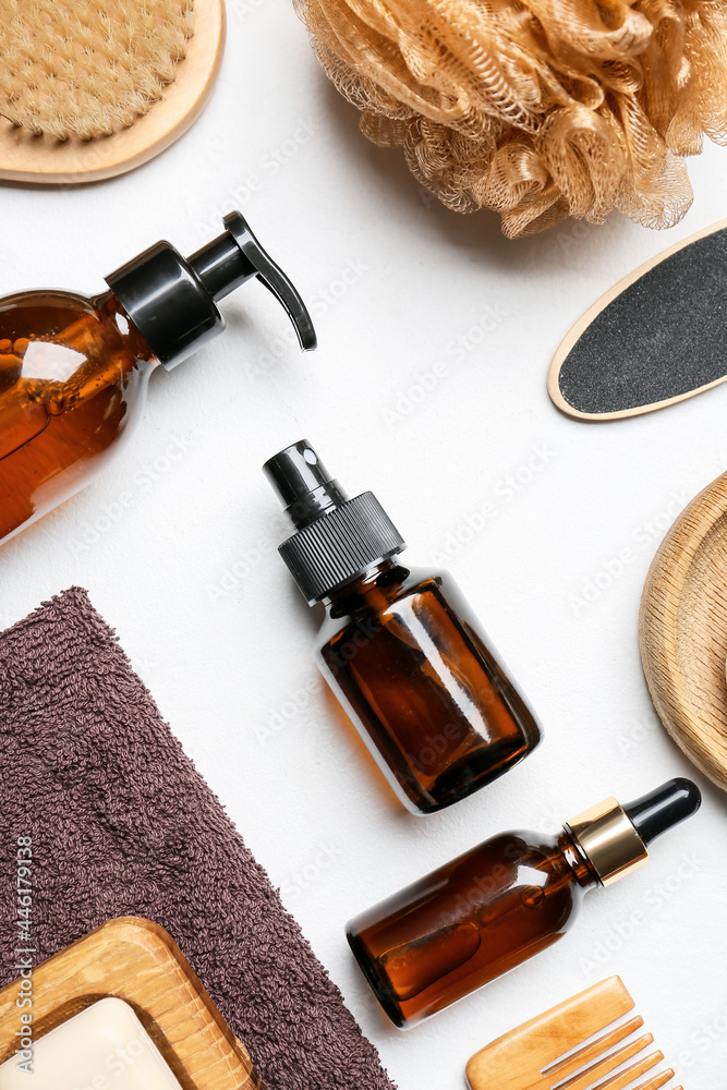 Set of bath supplies on light background